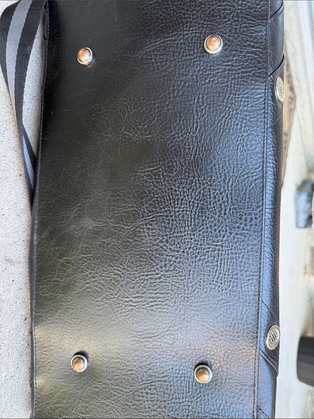 lululemon athletica Black Faux Leather Duffel with Striped Shoulder Strap, EUC!! - Picture 13 of 16